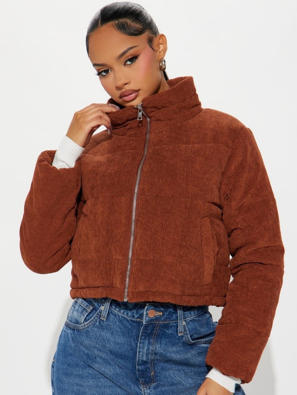 Ambiance Corduroy Puffer Jacket in Rust Brown